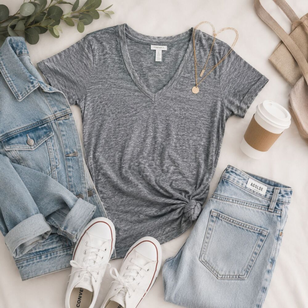 Forever 21 Heather Gray V Neck Tee Women's Medium Lightweight Basic T-Shirt